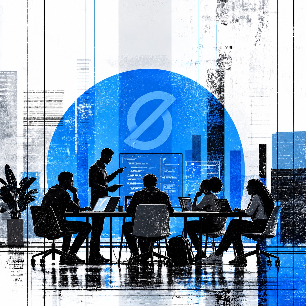 An illustration of a team working around a shared table beneath the Sleekware mark